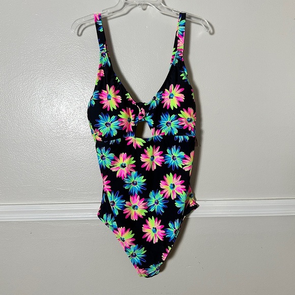 3/$20 💥California Waves NWT One Piece Swimsuit Black Neon Floral Keyhole Bust - Picture 11 of 12